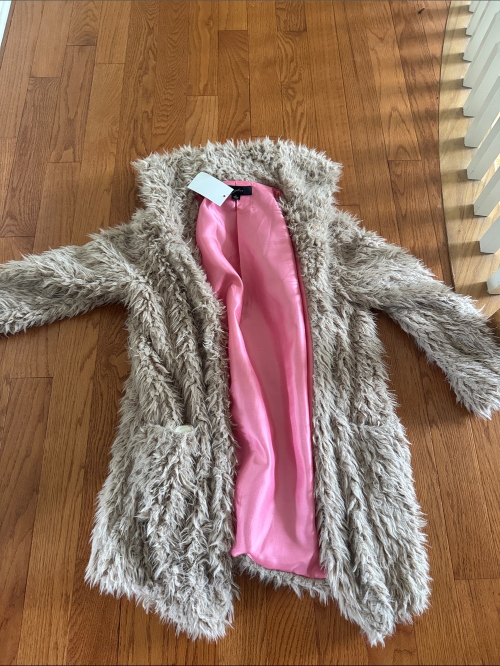 Plush Faux Fur Hooded Coat with Pink Lining - Women's